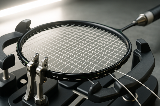 Badmintonschläger wird auf einer Bespannmaschine besaitet