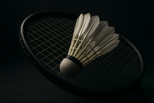 Schlägerkopf mit Federball, Nahaufnahme