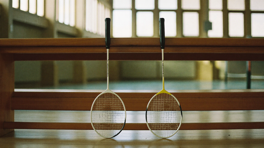 Zwei Einsteiger-Badmintonschläger lehnen an einer Bank in der Sporthalle