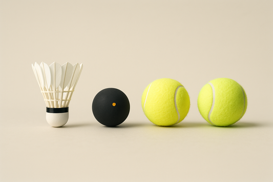 Bälle von Badminton, Squash, Tennis und Padel nebeneinander